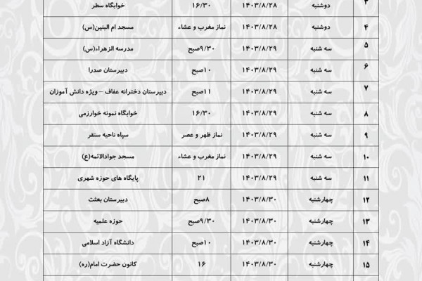 جدول برنامه های تبیینی فاطمیه و خط محتوای مقاومت